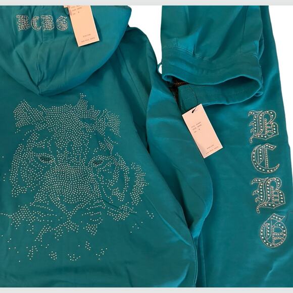 BCBG AQUAMARINE BLING TRACKSUIT SWEATSUIT W/ SILVER STUDS LOGO & TIGER FACE NWT - Picture 2 of 16